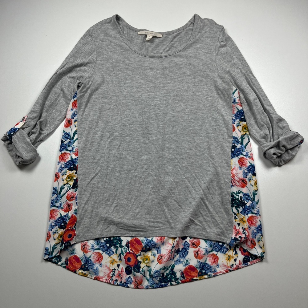 41 Hawthorn Mixed Media Floral Back Roll Tab Sleeve Top Gray Size M Boho Casual